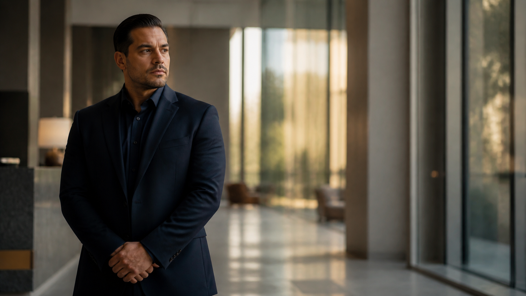 Security professional in a modern office lobby
