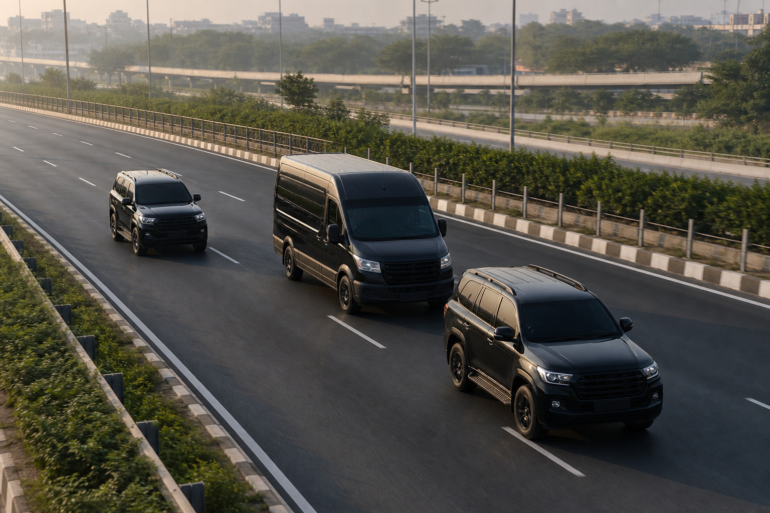 Secure cargo van travelling in a coordinated road escort convoy in India